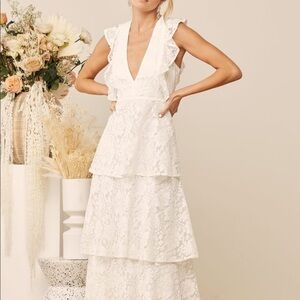 Lulus XS Molinetto White Lace Ruffled Tiered
Sleeveless Maxi Dress